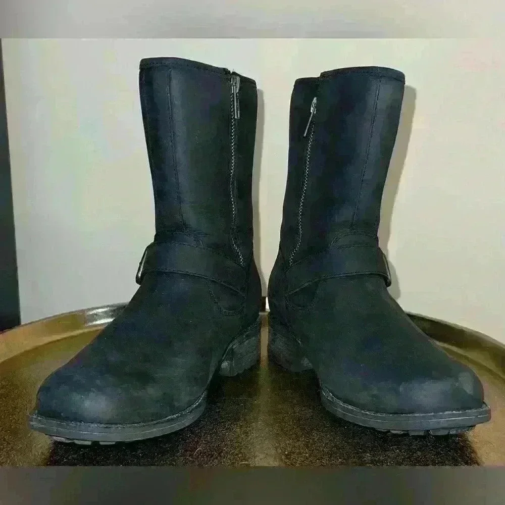 UGG Chaney Oiled Leather Boot in Black with Zipper and Buckle Details